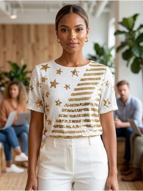 Modi 100% Silk White Blouse Gold Sequin Stars & Stripes Top Small Lined